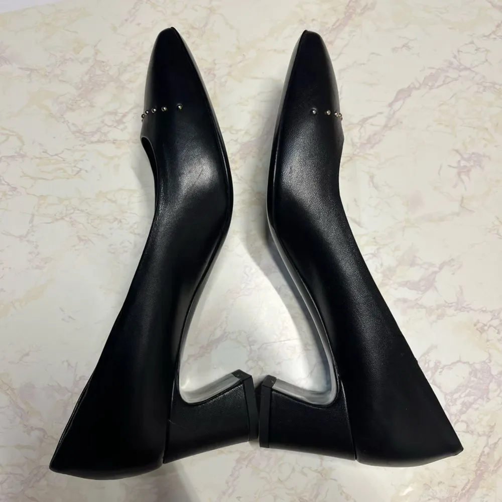AGL Leather Pointed Toe Sculpted Low Heel Pumps in Black 35.5